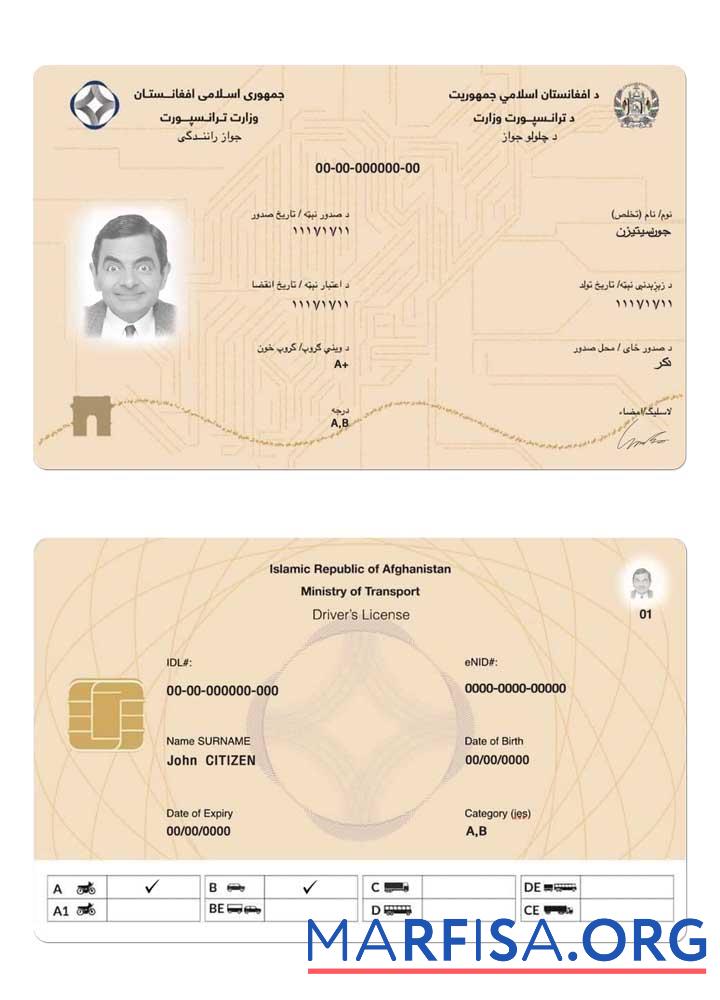 Realistic Afghanistan electronic driving license 2019 present example